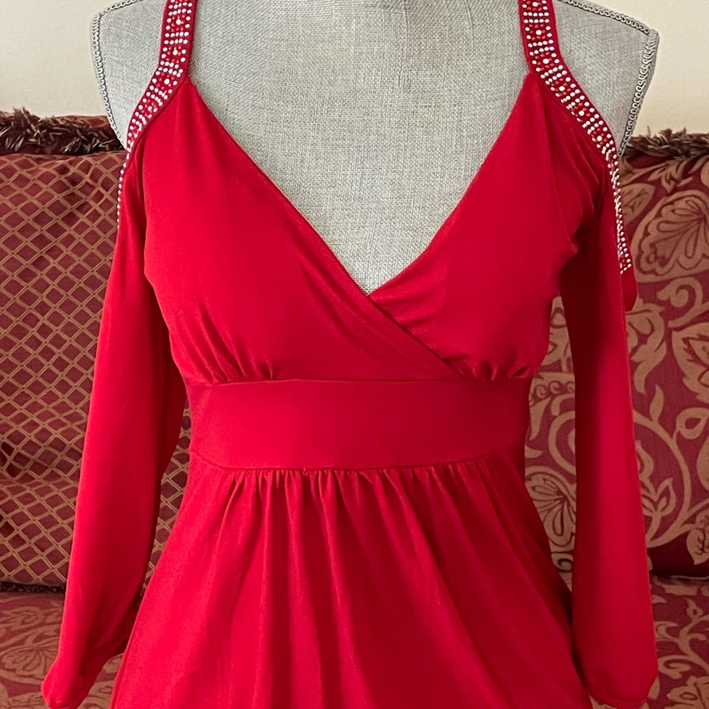 Red Embellished Cut Out Shoulder